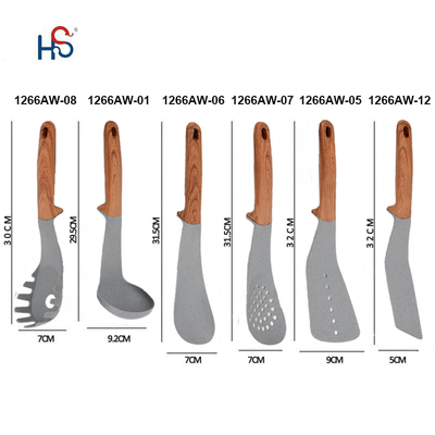 Set di utensili da cucina antiaderenti certificati ISO9001 con maniglia di finitura in legno e utensili da cucina